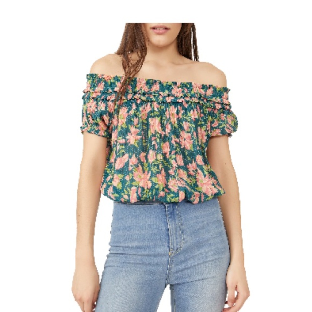 Free People Suki Floral Off the Shoulder Top - Green